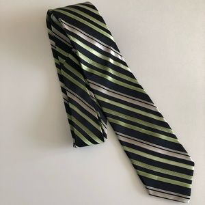 Green, silver, and black striped tie